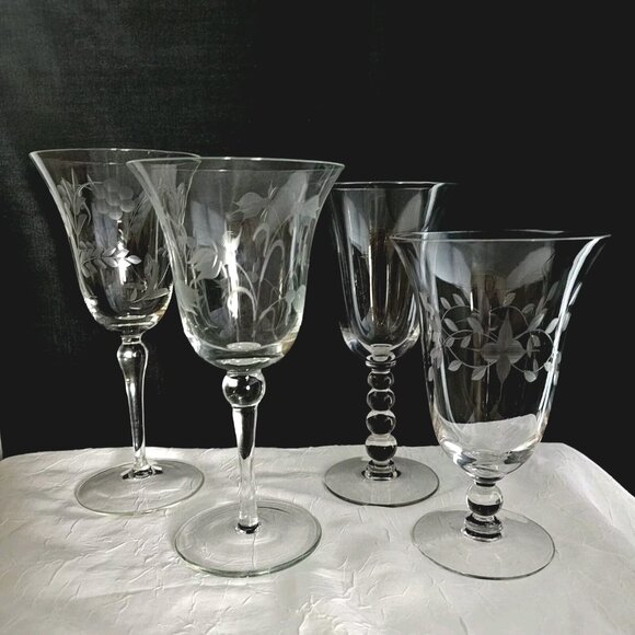 Mismatched Wine Glassware Collection set/4 vintage etched mixed cocktail glasses - Picture 1 of 10